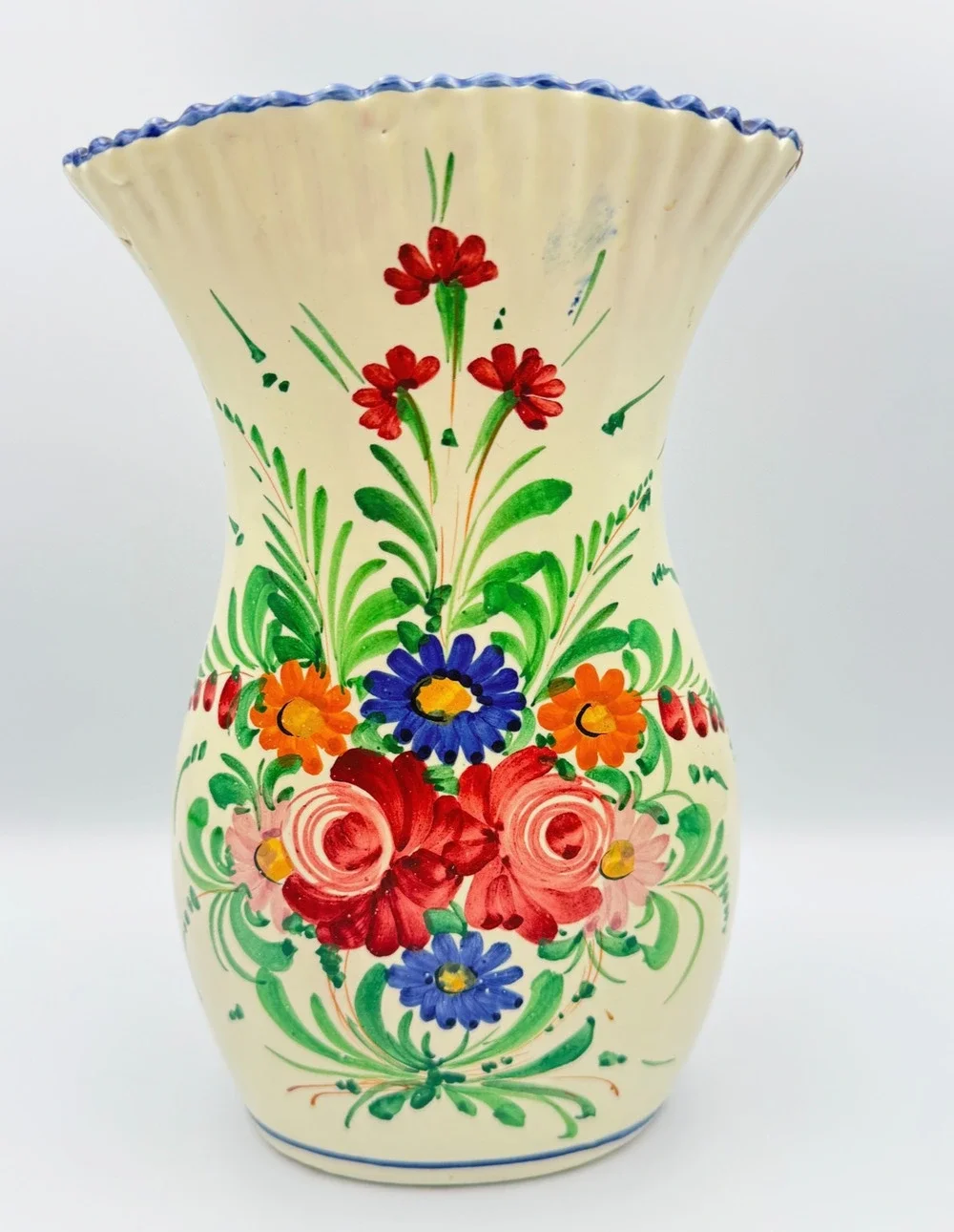 Vintage Deruta Hand Painted Art Pottery Vase Italy Corset Trumpet Flared Florals